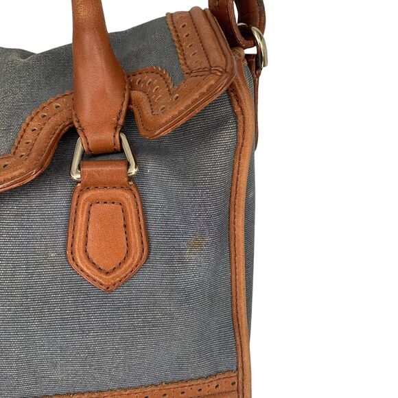 Cole Haan Blue Brown Leather Flap Brooke Tote Crossbody Canvas Spectator - Picture 12 of 16